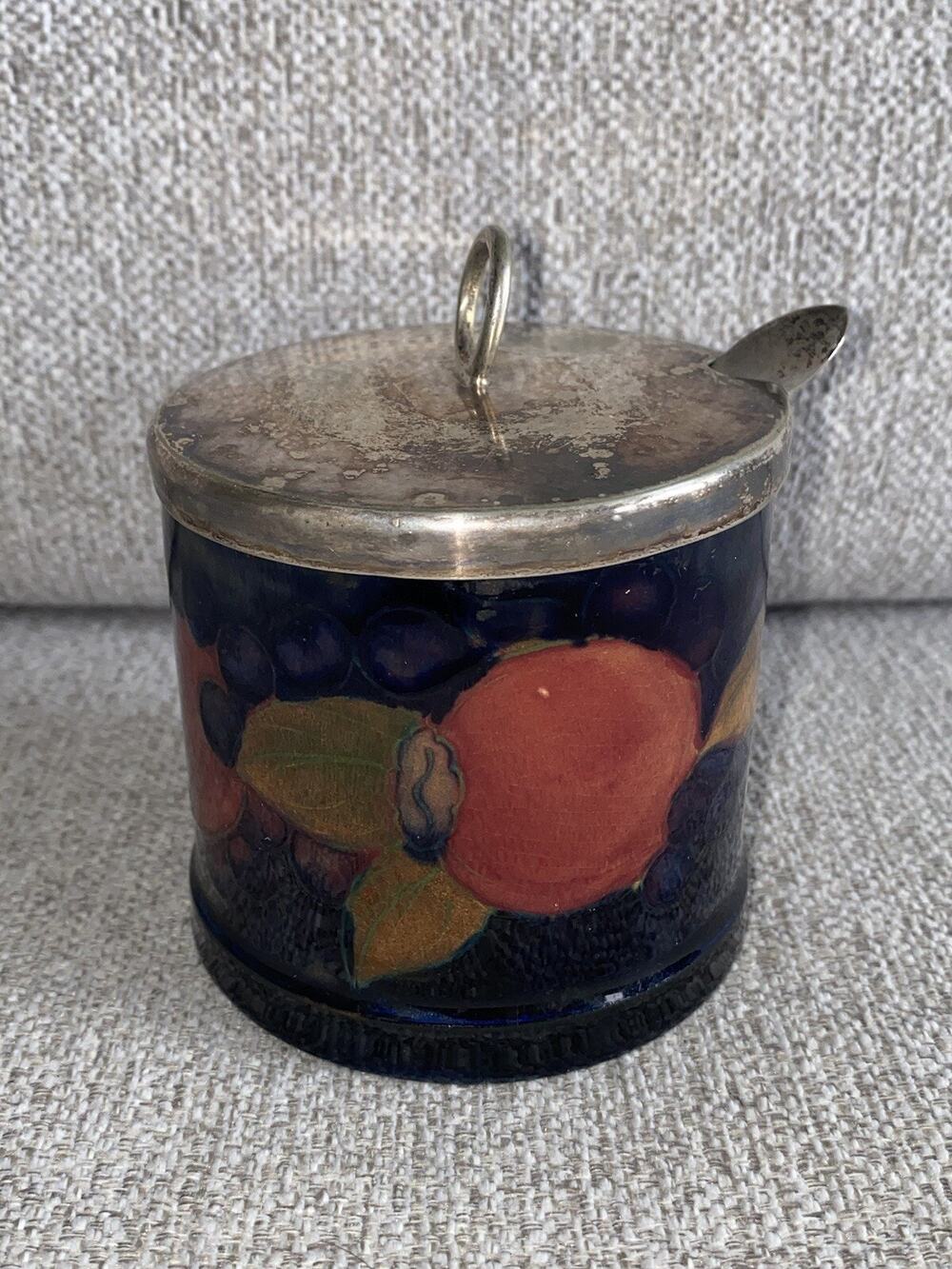 Rare Vintage Moorcroft Sterling Silver Art Pottery Jar & Spoon Antique Sugar